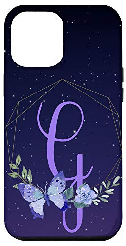 iPhone 12 Pro Max G Initial Purple Lavender Butterfly Flowers Floral Galaxy Case