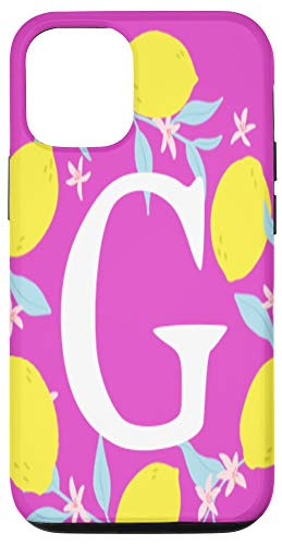 iPhone 12/12 Pro Letter G Monogram Yellow Lemon Bright Pink Background Wreath Case
