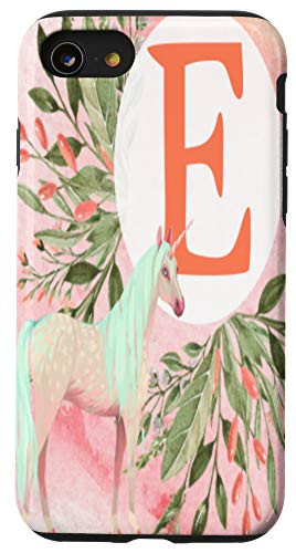 iPhone SE (2020) / 7 / 8 Unicorn Flowers Monogram Initial Letter E Pink Gradient Case