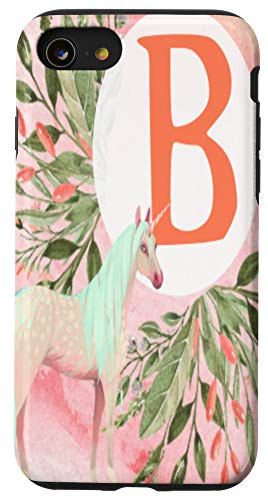 iPhone SE (2020) / 7 / 8 Unicorn Flowers Monogram Initial Letter B Pink Gradient Case