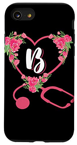 iPhone SE (2020) / 7 / 8 Nursery Rose Heart Stethoscope Floral B Nurse Initial Letter Case