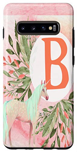 Galaxy S10Plus Unicorn Flowers Monogram Initial Letter B Pink Gradient Case