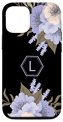 iPhone 12/12 Pro Letter L Initial Monogram Blue Flowers Floral On Black Gift Case