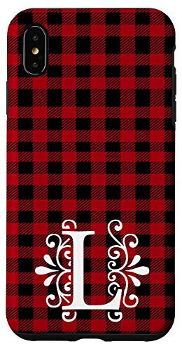 iPhone XS Max Red and Black Buffalo Plaid Monogram Letter L Initial Gift Case
