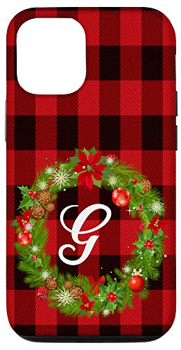 iPhone 12/12 Pro Letter G Initial Buffalo Red Plaid Monogram Christmas Gift Case