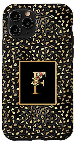 iPhone 11 Pro Modern Monogram Initial Letter F Black Leopard Pattern Case