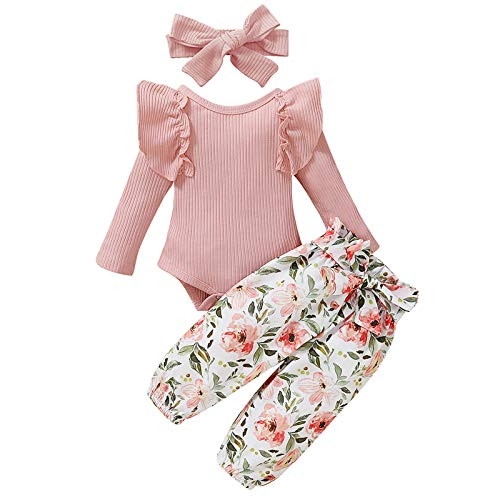 Newborn Baby Girl Clothes Outfits Infant Romper Ruffle Onsies Floral Pants Headband Cute Toddler Baby 3pcs Clothes Set (9-12 Months, Pink)