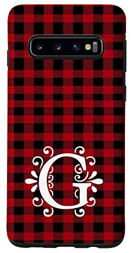 Galaxy S10 Red and Black Buffalo Plaid Monogram Letter G Initial Gift Case