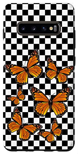 Galaxy S10Plus Black and White Checkered Monarch Butterflies Checkerboard Case