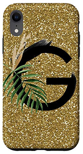 iPhone XR Monogram Letter G Leaves Gold Background Black Initial G Case