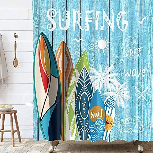 Beach Shower Curtain, Summer Surfing Tropical Surfboard Palm Tree on Teal Blue Rustic Wooden Plank Fabric Shower Curtain for Bathroom, Bathroom Curtain with Hooks 69x70inches