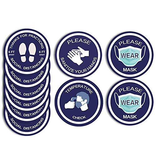 -Social Distancing Floor Decals-12" Signs for businesses-Maintain 6 Foot Distance-Anti-Slip,Commercial Grade Round,Sanitize Hands,Face Mask required sign,Temperature check decals for carpet.