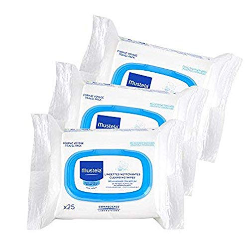 Mustela Baby Cleansing Wipes - Ultra Soft, On-the-Go Travel Wipes - Lightly Scented - with Natural Avocado  and  Aloe Vera  75 ct. (3x25ct.)