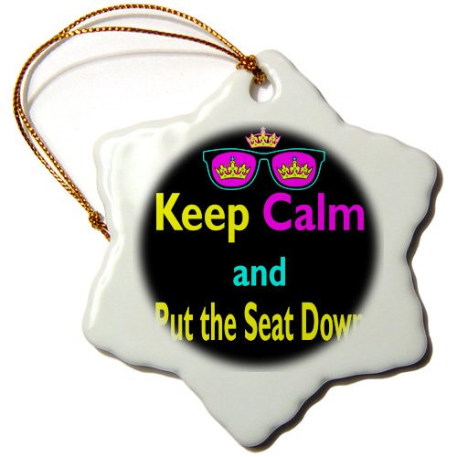 3dRose ORN_116771_1 CMYK Keep Calm Parody Hipster Crown and Sunglasses Keep Calm and Put The Seat Down Snowflake Ornament, Porcelain, 3-Inch