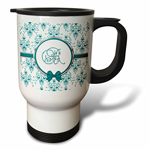 3dRose " Elegant Green and Silver Heart Damask Monogram Letter B" Travel Mug, 14 oz, Multicolor