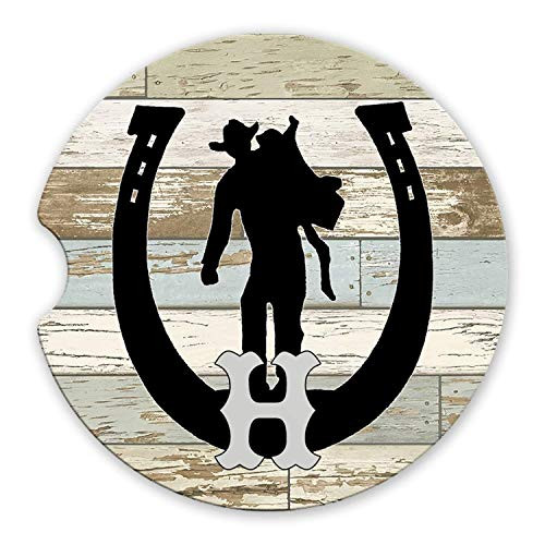 Sandstone Car Coasters Personalized Initial Cowboy Horseshoe Reclaimed Wood Background Set of 2