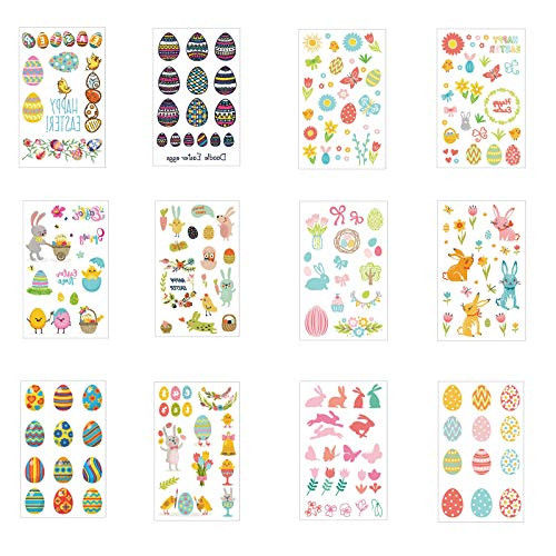 Easter Party Supplies Temporary Tattoos, 12 Sheet Easter Egg Bunny Carrot Chick Butterfly Flower Easter Tattoo Stickers Easter Body Decoration Sticker
