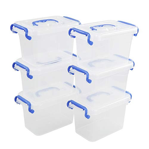 Eagrye 1.5 L Plastic Storage Box, Clear Storage Container with Blue Handle/Latches, 6-Pack