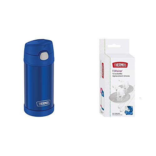Thermos Blue Funtainer 12 Ounce Bottle  and  Replacement Straws for 12 Ounce Funtainer Bottle, Clear