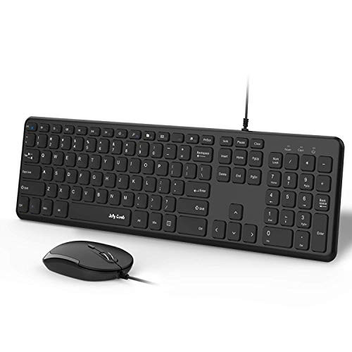 Wired Keyboard and Mouse, Jelly Comb Ultra Thin Full Size USB Wire Corded Keyboard Mouse Combo Set with Number Pad for Computer, Laptop, PC, Desktop, Notebook, Windows 7, 8, 10 (Black) (Renewed)