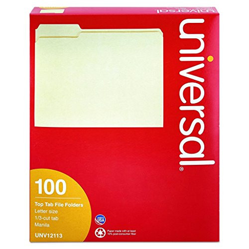 Universal File Folders, 1/3 Cut Assorted, One-Ply Top Tab, Letter, Manila - Qty : 100 Per Box