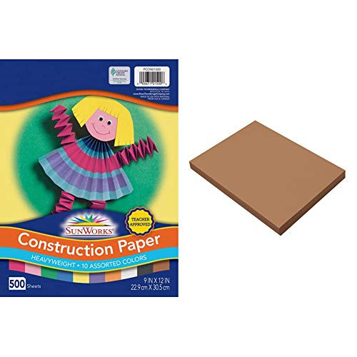 SunWorks Construction Paper, 10 Assorted Colors, 9" x 12", 500 Sheets, PCON01500  and  Heavyweight Construction Paper, 9 x 12 Inches, Brown, 100 Sheets