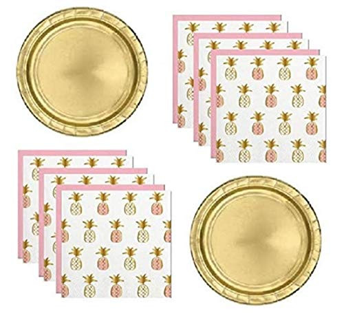 Pineapple Theme Palm Tree Fiesta Party Supplies for 16 Guests Including Gold Shiny Plates And Gold Foil Stamped Napkins