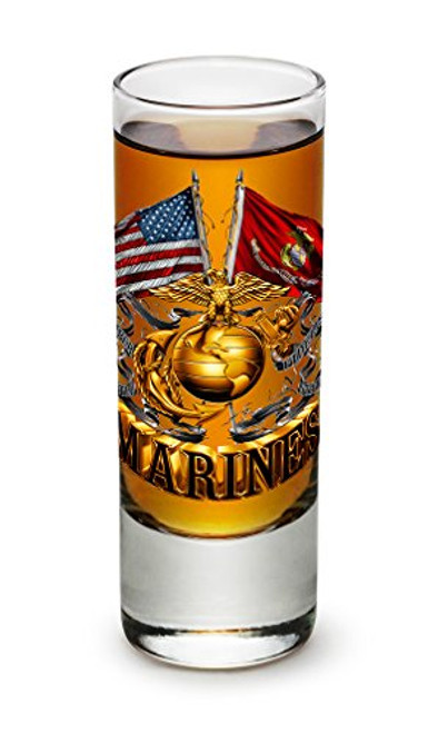 Shot Glasses  US Marine Corps Gifts for Men or Women  Double Flag Gold Marine Corps Shot Glasses  USMC Glass Shot Glasses with Logo - Set of 2 (2 Oz)