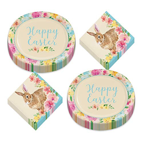 Floral Watercolor Happy Easter Dinner Oval Paper Plates and Luncheon Napkins (Serves 16)
