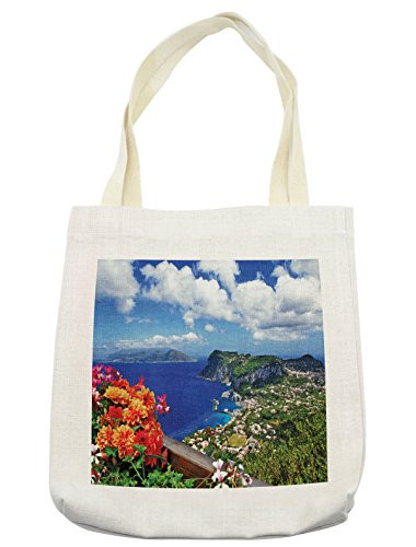 Lunarable Island Tote Bag, Scenic Capri Island, Italy Mountain Houses Flowers View from Balcony Landmark, Cloth Linen Reusable Bag for Shopping Groceries Books Beach Travel  and  More, Cream