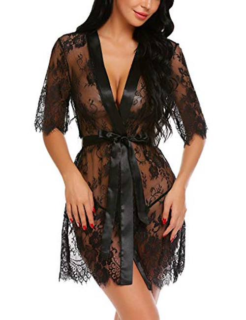 Avidlove sexy robe Women Kimono Robe Floral Lace Babydoll Lingerie Sheer Mesh Nightgown Black L Avidlove sexy robe Women Kimono Robe Floral Lace Babydoll Lingerie Sheer Mesh Nightgown Black L