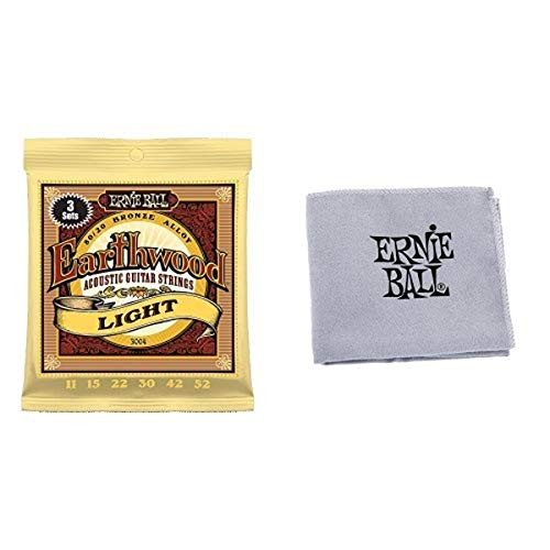 Ernie Ball 3004 Earthwood Light 80/20 Bronze Sets, .011 - .052 (3 Pack) with Ernie Ball Polish Cloth