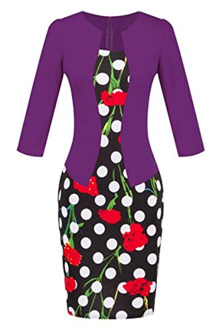 YMING Ladies Business Work Dress Casual Knee Length Dress One Piece Set Purple 2XL