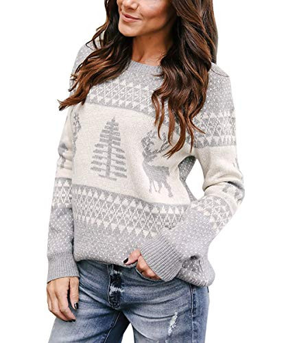 Yidarton Womens Ugly Christmas Sweaters Holiday Patterns Reindeer Tree Knit Pullover?Gray,L
