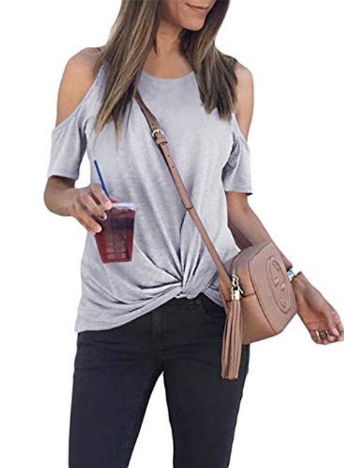 MODARANI Gray Casual Loose Fitting Tops for Women Knot Twisted Shirt Cold Shoulder Round Neck Tunic S MODARANI Gray Casual Loose Fitting Tops for Women Knot Twisted Shirt Cold Shoulder Round Neck Tunic S