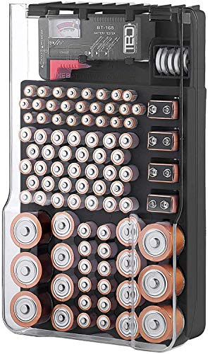 Whizzotech Whizzotech Battery Organizer Storage Case with Hinged Clear Cover, Includes a Removable Battery Tester, Holds 93 Batteries Various Sizes AA AAA C D 9V Battery Storage Case/Holder/Container