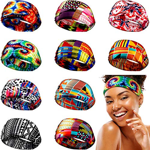 10 Pieces Women African Turban Wide Elastic Headband Stretchy Headwrap Boho Print Headband Yoga Sports Headband with Strip and Floral Prints (Bright Geometric Series)