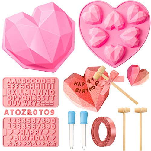 Silicone Chocolate Mold, Diamond Heart Mold Silicone Cake Mold Letter and Number Mold Fondant Silicone Molds with 3 Mini Wooden Hammers Droppers Ribbon for Making Chocolate Cake (Pink) Silicone Chocolate Mold, Diamond Heart Mold Silicone Cake Mold Letter and Number Mold Fondant Silicone Molds with 3 Mini Wooden Hammers Droppers Ribbon for Making Chocolate Cake (Pink)