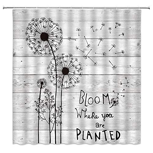 Retro Dandelion Shower Curtain Inspirational Quote Abstract Dandelions with Flying Wish Seeds on Rustic Gray Wooden Board Cabin Farmhouse Weed Plant Fabric Bathroom Curtain Set with Hook 70"WX70"H