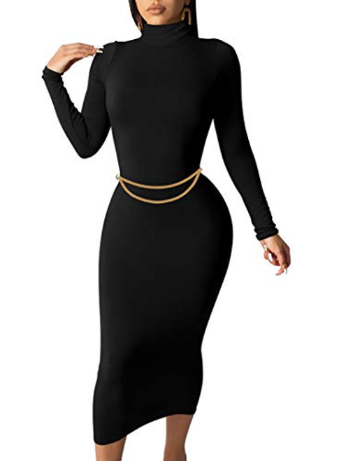 GOBLES Women's Sexy Long Sleeve Casual Bodycon Midi Elegant Cocktail Party Dress Black