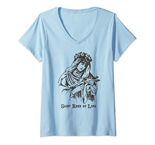 Womens St Rose of Lima Catholic Saints Vintage Patron Saint Gardens V-Neck T-Shirt