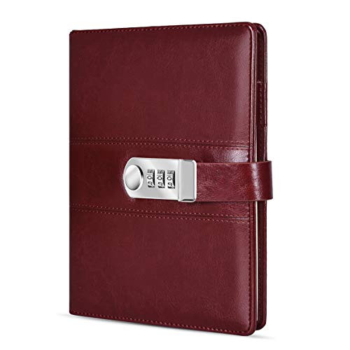 ARRLSDB A5 PU Leather Diary with Lock, Journal with Combination Lock Password Journal Locking Journal Diary (Wine Red)