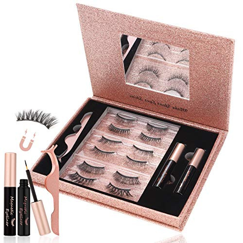 Magnetic Eyelashes with Eyeliner, 3D Reusable Magnetic Lashes and 2 Tubes of Magnetic Eyeliner, Magnetic Eyelashes Natural Look, Magnetic Eyelashes with Applicator, Gift Box, No Glue Needed (6 Pairs)