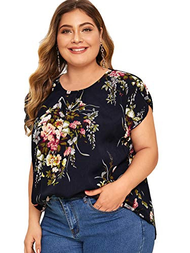 Floerns Women's Plus Size Floral Print Short Sleeve Summer Blouse Top Shirt Navy 1XL