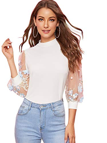 Romwe Women's Summer Short Sleeve Mock Neck Casual Blouse Tops Lace White X-Large