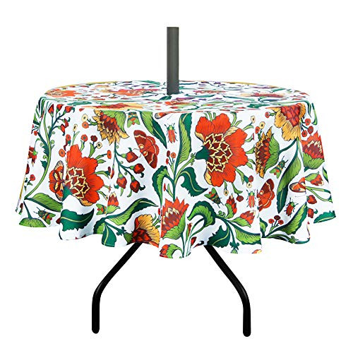 ColorBird Botanical Print Outdoor Tablecloth Water Resistant Spillproof Polyester Fabric Table Cover with Zipper Umbrella Hole for Patio Garden Tabletop Decor (60" Round, Zippered, Red Flower)