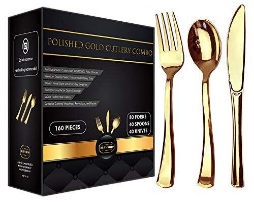 JL Prime 160 Gold Plastic Silverware Set, Gold Plastic Cutlery Set, Heavy Duty Utensils for Party  and  Wedding, Disposable Gold Flatware, 80 Plastic Forks, 40 Plastic Spoons, 40 Plastic Knives