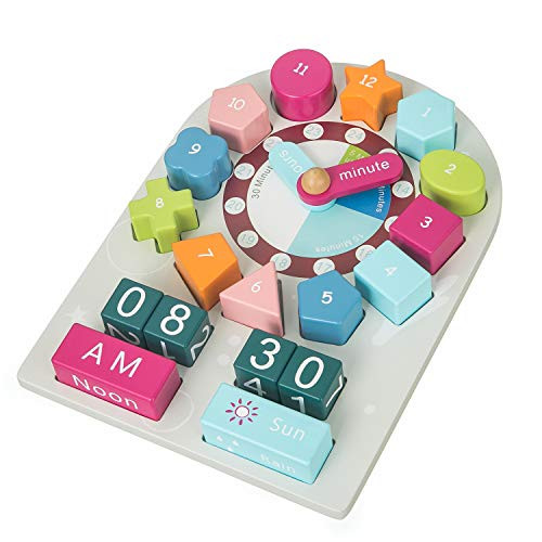 RUYU Wooden Shape Sorting Clock  Teaching Time Number Weather Clock Shape Sorting Number Blocks, Montessori Early Learning Educational Puzzle Toy Gift for 1 2 3 Year Old Toddler Baby Kids