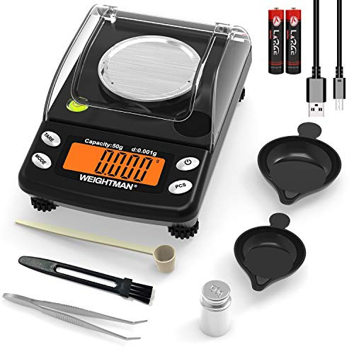 Milligram Scale with USB Cable, Weightman Reloading Scale 50g x 0.001g, Digital Jewelry MG Powder Scale with 50g Calibration Weight, Tweezers, 2 Weighing Pans, Large LCD Screen