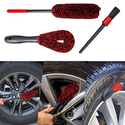 bzczh Car Wheel Woolie Brushes Kit - 1x Large Woolies Wheel Brush - 1x Short Handle Woolies Cleaner Brush - One Detailing Brush,Synthetic Wool Cleaning Brushes Tool for Car Tire Rim Washing